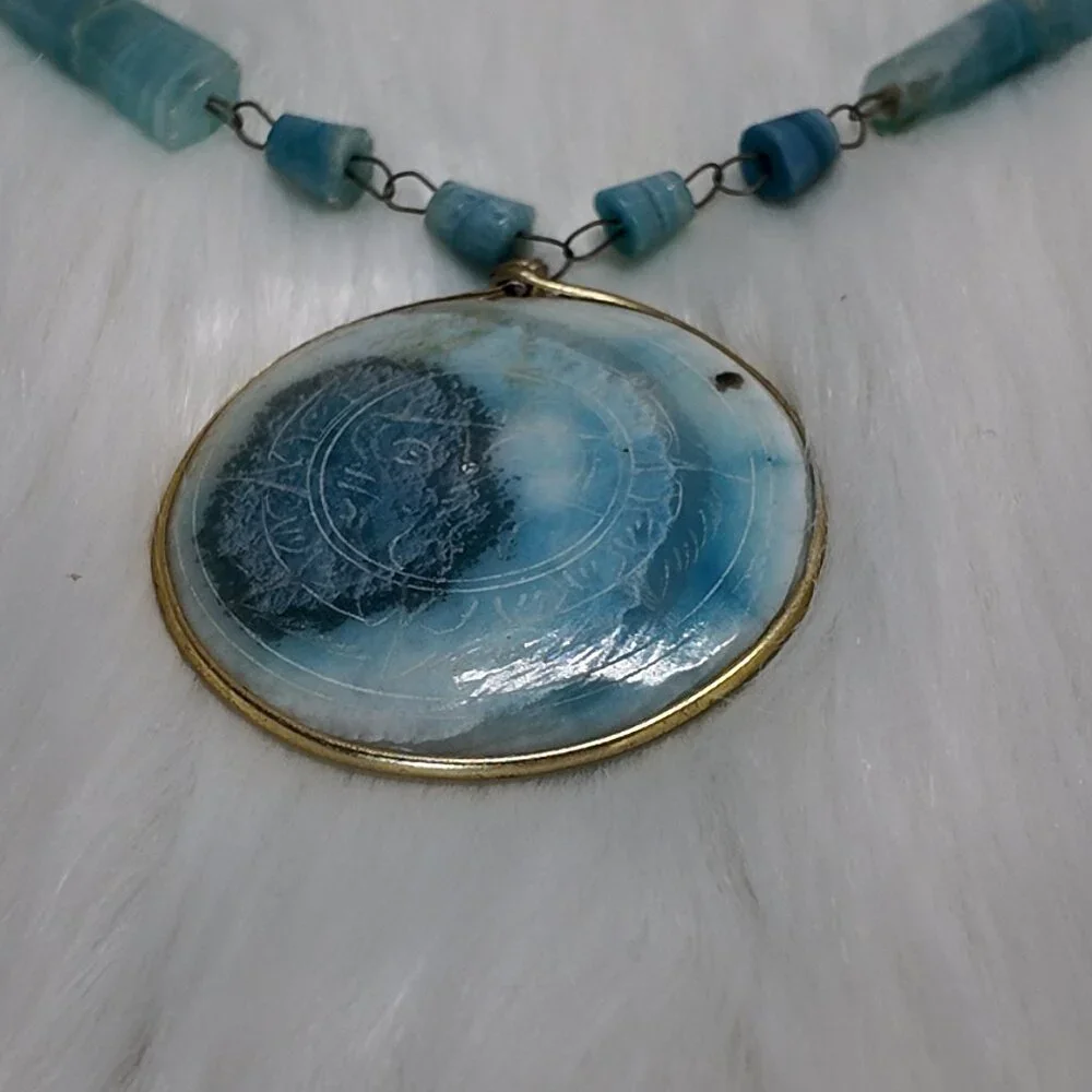 Carved AZTEC SunTurquoise Agate Stone Branded Pendant Necklace 15"L - Picture 4 of 11